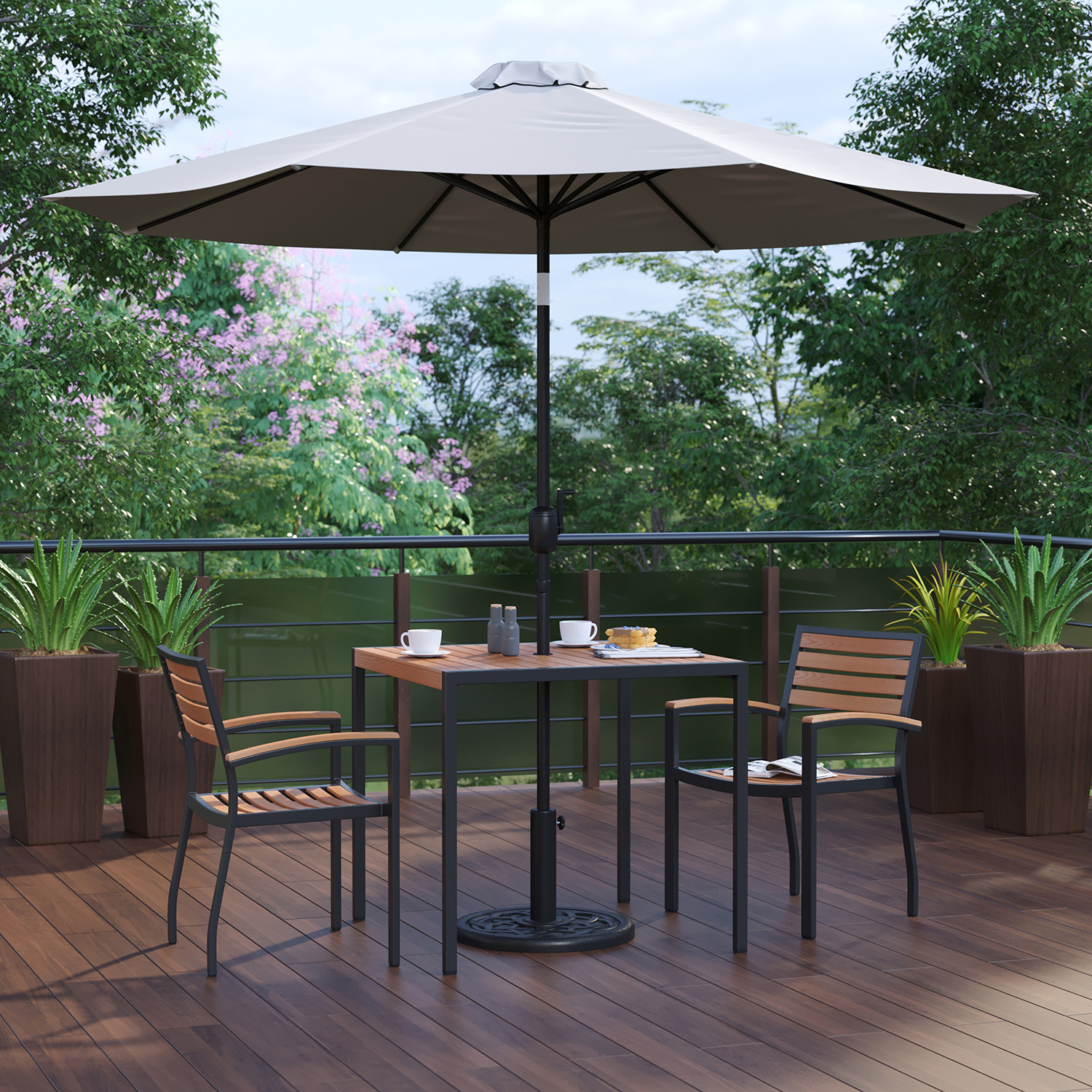 BLNK Lark Outdoor Patio Table Set with 2 Synthetic Teak Stackable Chairs, Square Table, Umbrella and Base