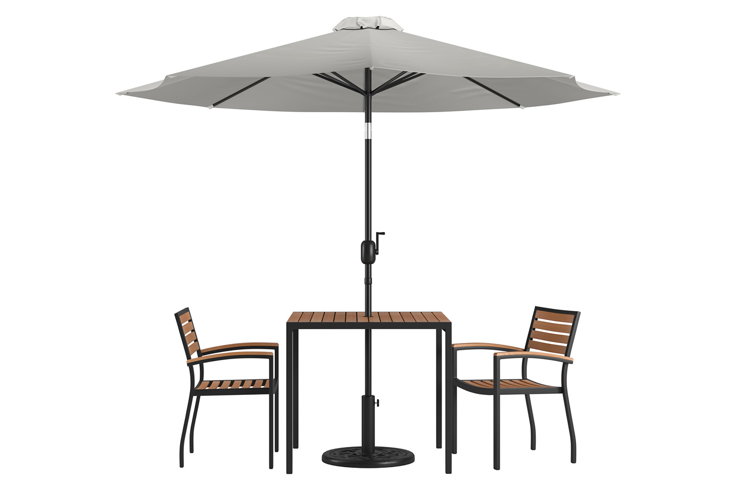 BLNK Lark Outdoor Patio Table Set with 2 Synthetic Teak Stackable Chairs, Square Table, Umbrella and Base - Gray