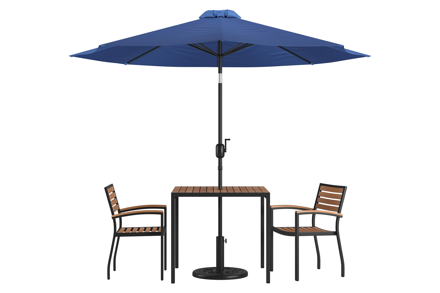 BLNK Lark Outdoor Patio Table Set with 2 Synthetic Teak Stackable Chairs, Square Table, Umbrella and Base