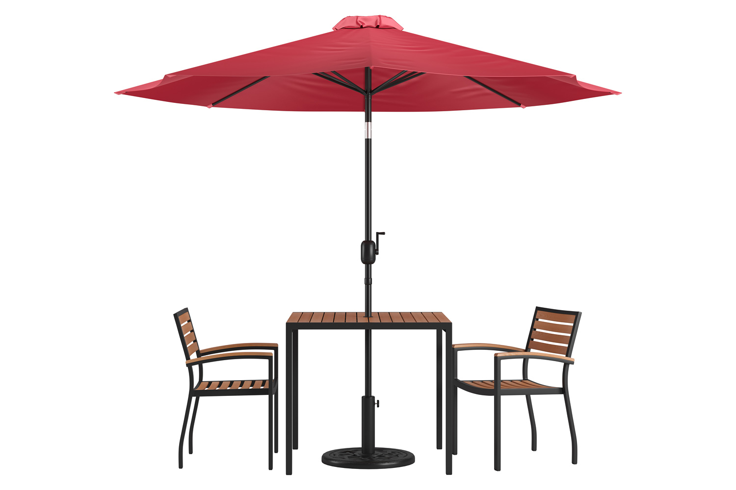 BLNK Lark Outdoor Patio Table Set with 2 Synthetic Teak Stackable Chairs, 35" Square Table, Teal Umbrella and Base