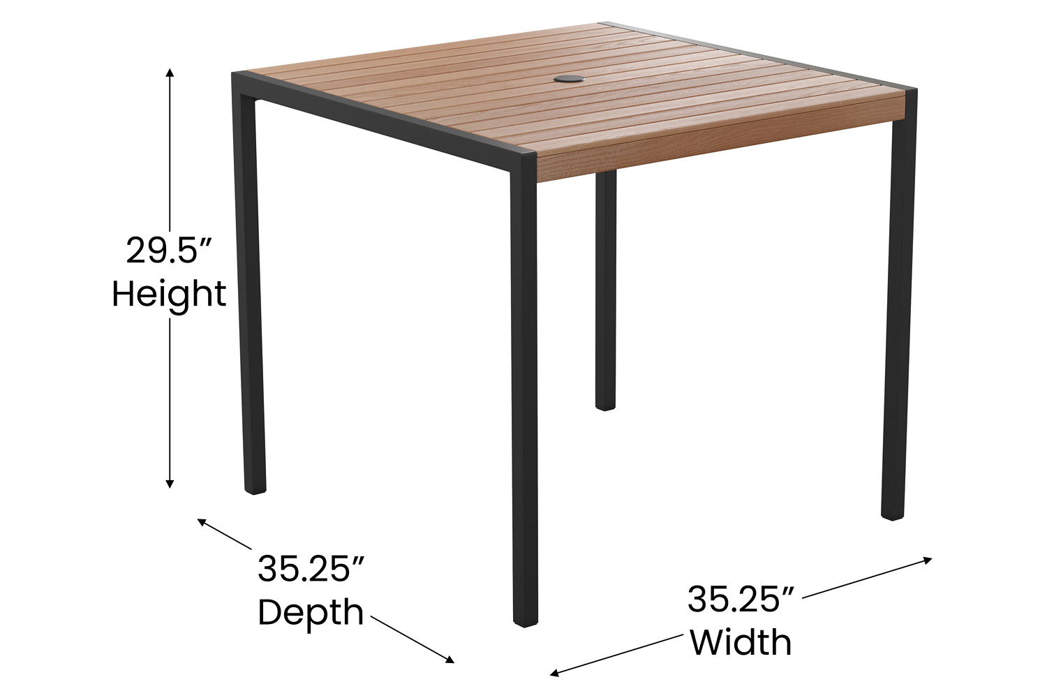 BLNK Lark Outdoor Patio Table Set with 2 Synthetic Teak Stackable Chairs, 35" Square Table, Red Umbrella and Base 5 Piece