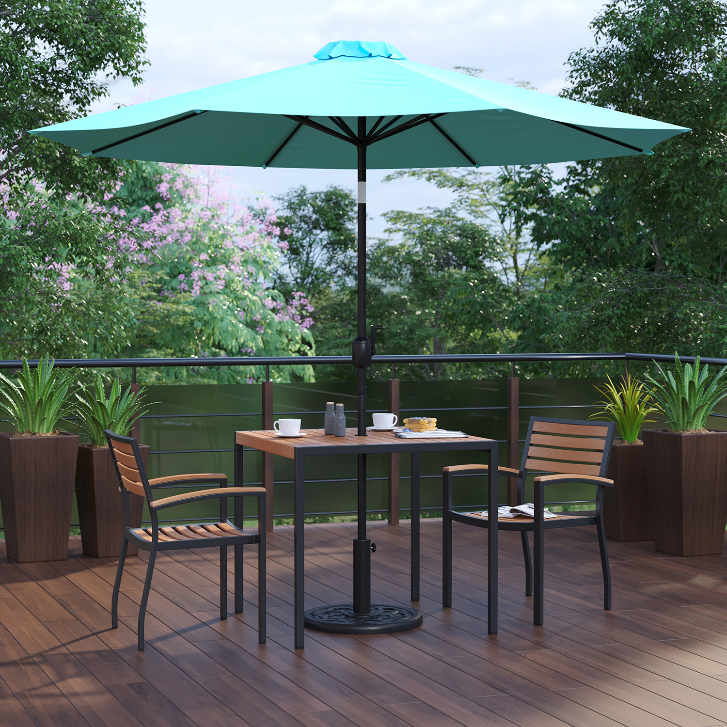 BLNK Lark Outdoor Patio Table Set with 2 Synthetic Teak Stackable Chairs, 35" Square Table, Teal Umbrella and Base