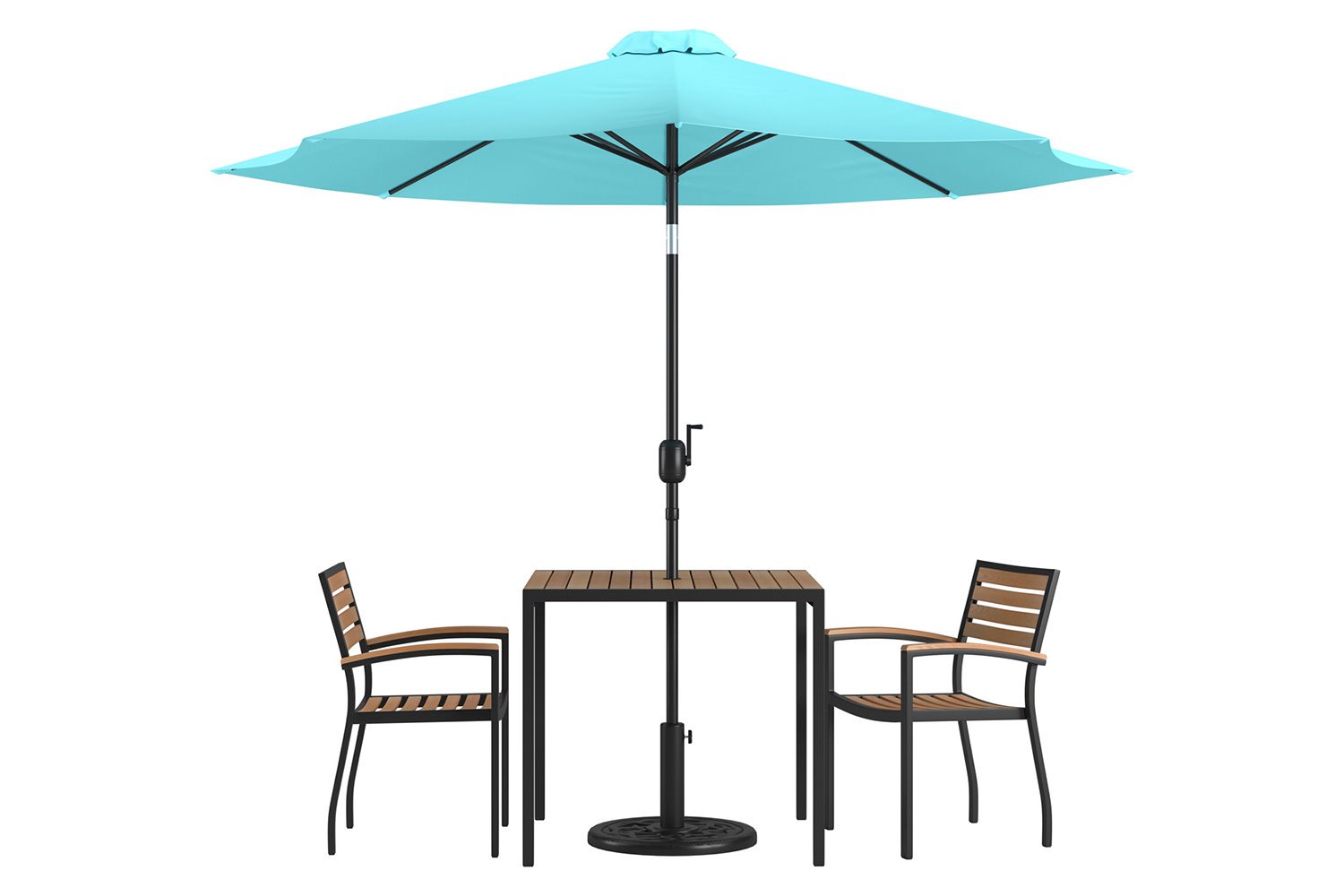 BLNK Lark Outdoor Patio Table Set with 2 Synthetic Teak Stackable Chairs, 35" Square Table, Teal Umbrella and Base