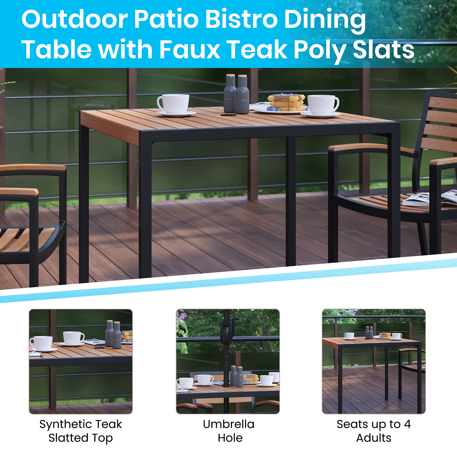 BLNK Lark Outdoor Patio Table Set with 2 Synthetic Teak Stackable Chairs, 35" Square Table, Teal Umbrella and Base