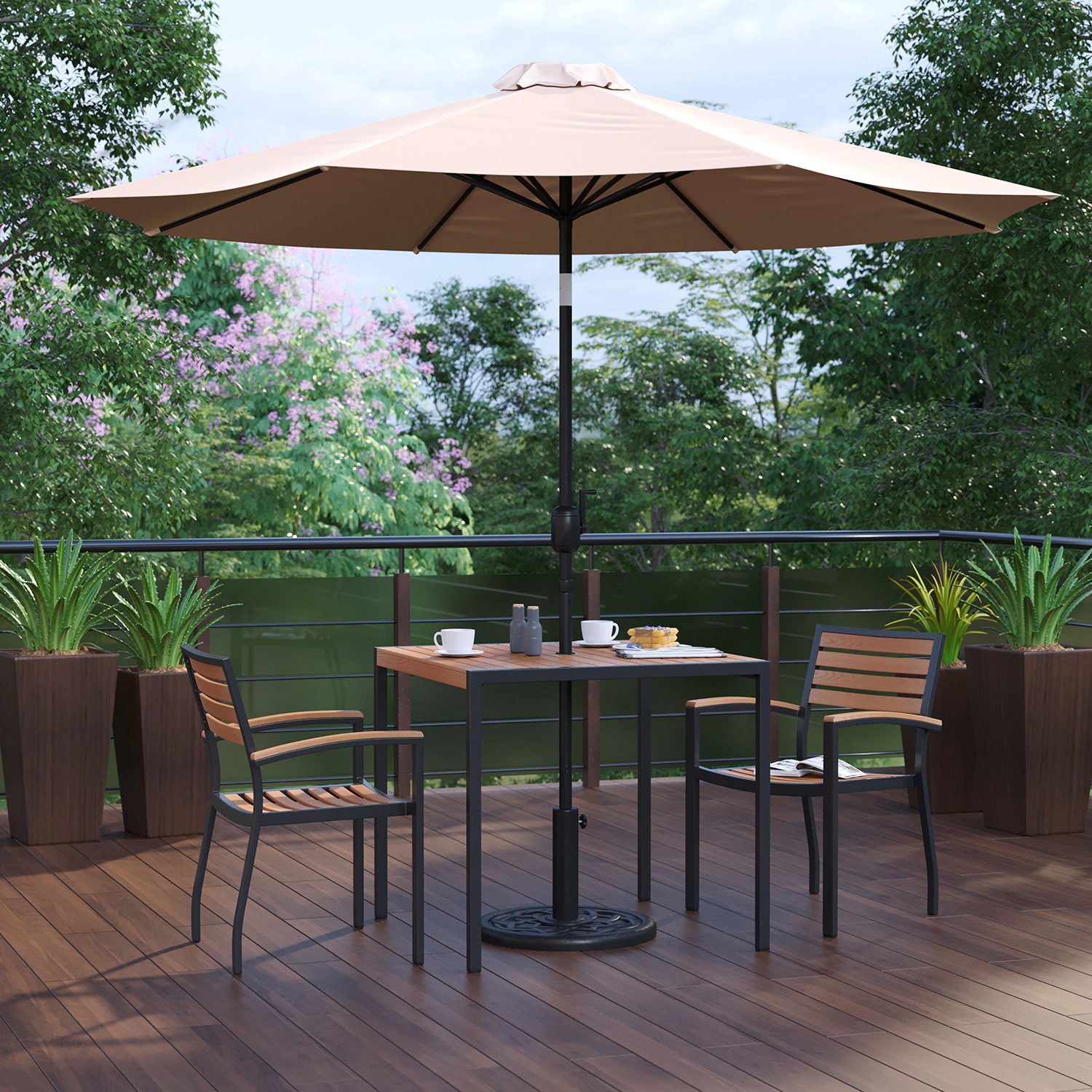 BLNK Lark Outdoor Patio Table Set with 2 Synthetic Teak Stackable Chairs, Square Table, Umbrella and Base