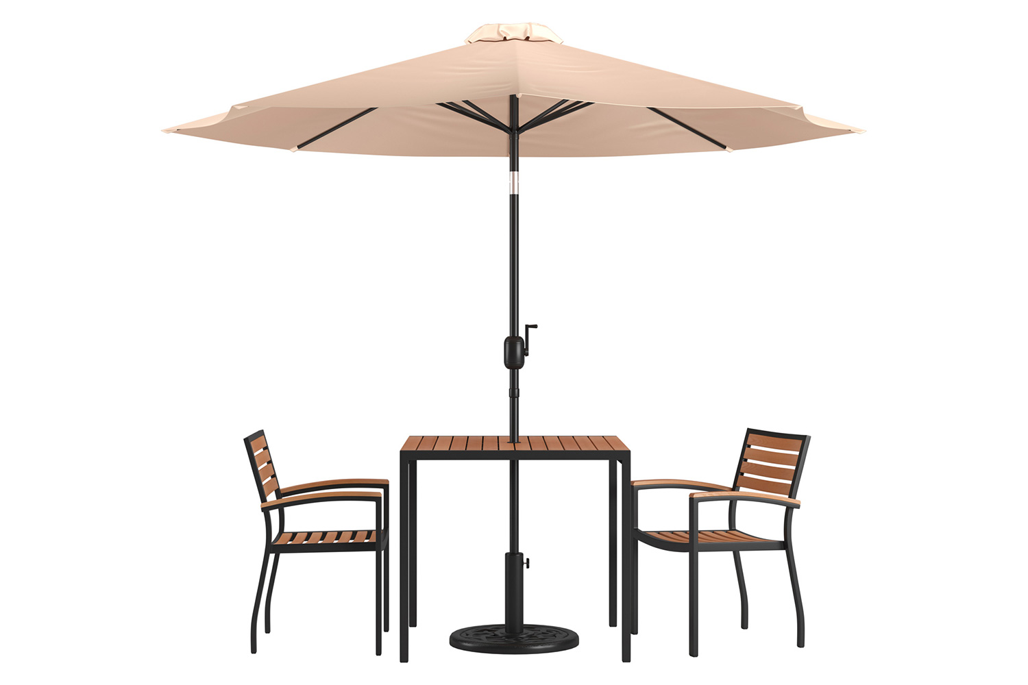 BLNK Lark Outdoor Patio Table Set with 2 Synthetic Teak Stackable Chairs, Square Table, Umbrella and Base - Tan