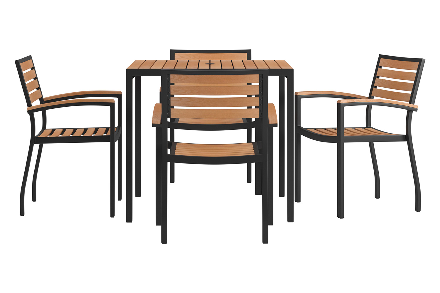 BLNK - Lark Outdoor Dining Table Set with Synthetic Teak Poly Slats, 35" Square Steel Framed Table with Umbrella Hole and 4 Club Chairs