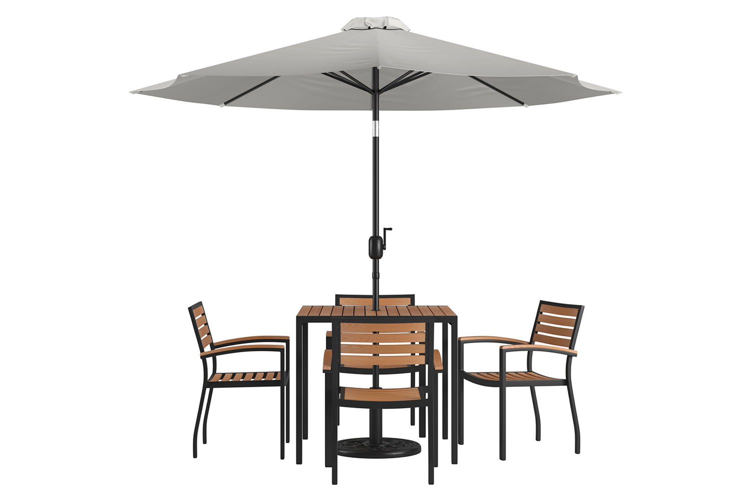 BLNK Lark Outdoor Patio Table Set with 4 Synthetic Teak Stackable Chairs, Square Table, Umbrella and Base - Gray