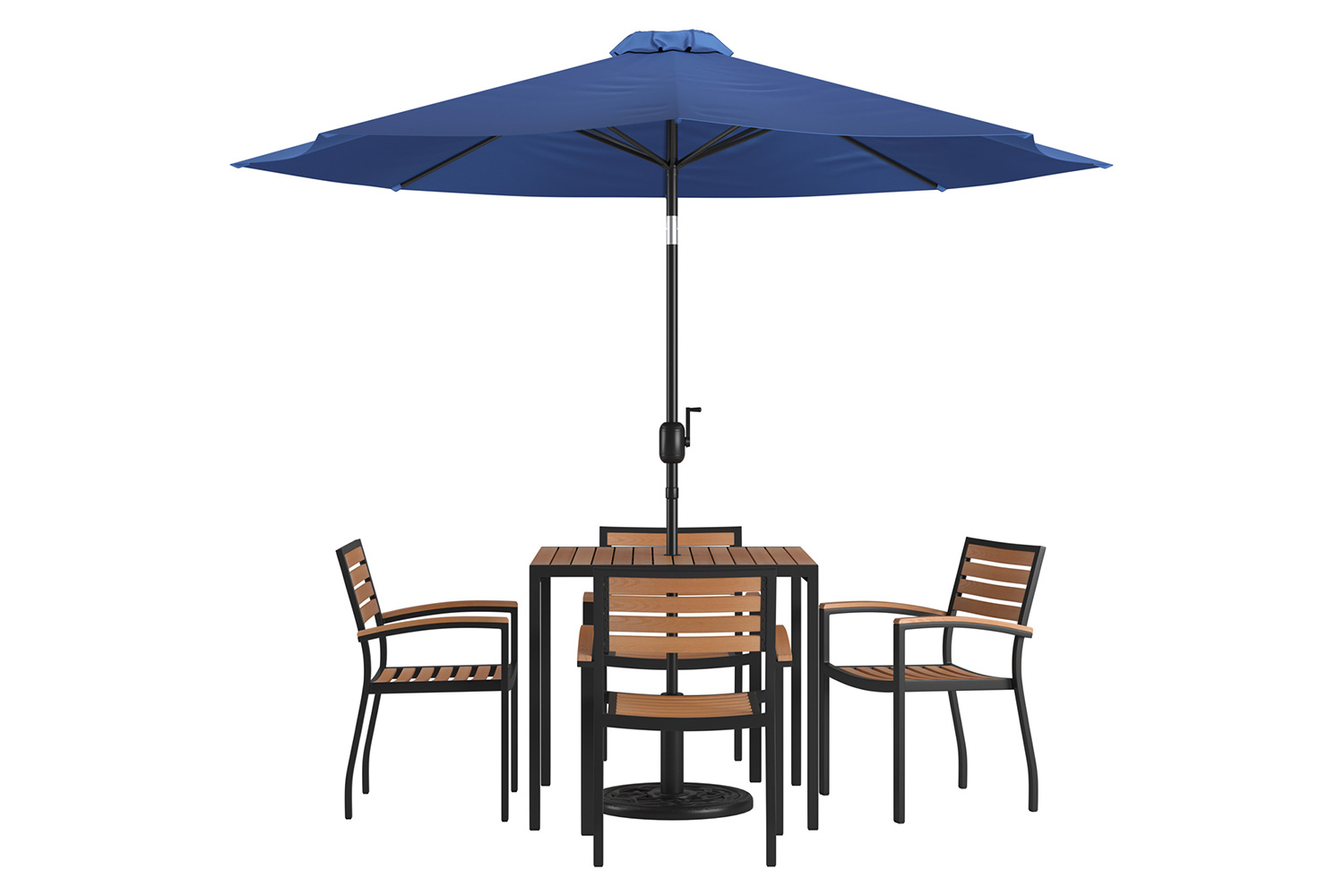 BLNK Lark Outdoor Patio Table Set with 4 Synthetic Teak Stackable Chairs, Square Table, Umbrella and Base