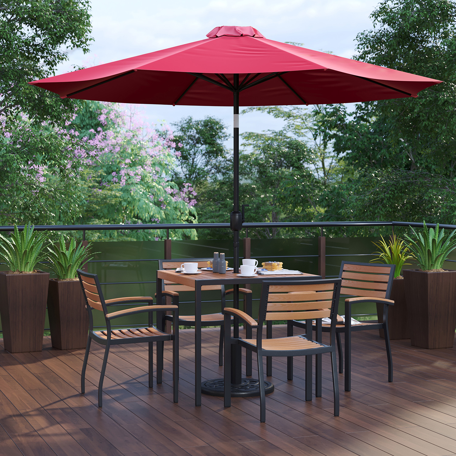 BLNK Lark Outdoor Patio Table Set with 4 Synthetic Teak Stackable Chairs, Square Table, Umbrella and Base