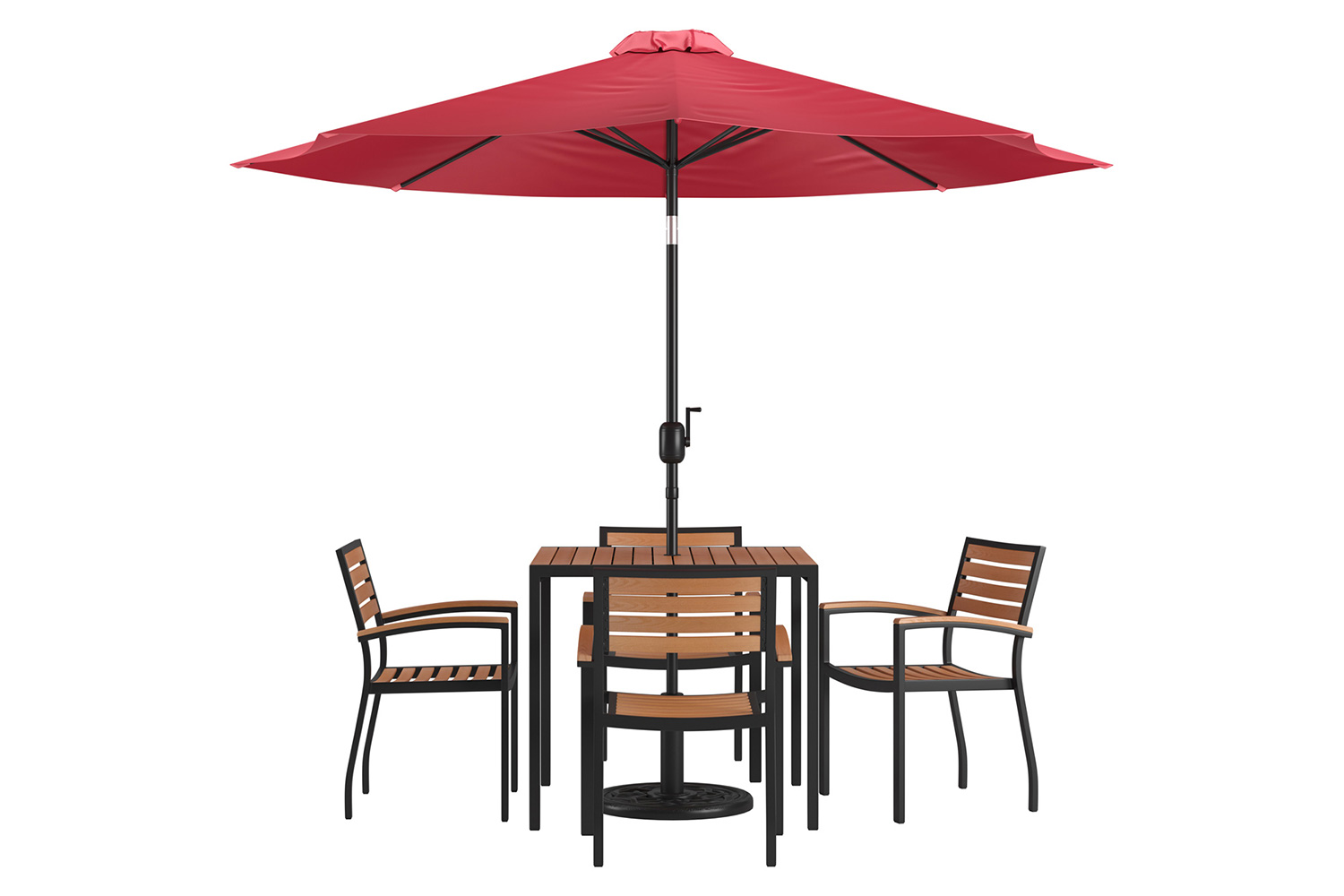 BLNK Lark Outdoor Patio Table Set with 4 Synthetic Teak Stackable Chairs, Square Table, Umbrella and Base - Red