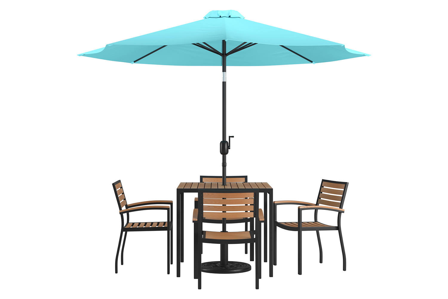 BLNK Lark Outdoor Patio Table Set with 4 Synthetic Teak Stackable Chairs, Square Table, Umbrella and Base - Teal