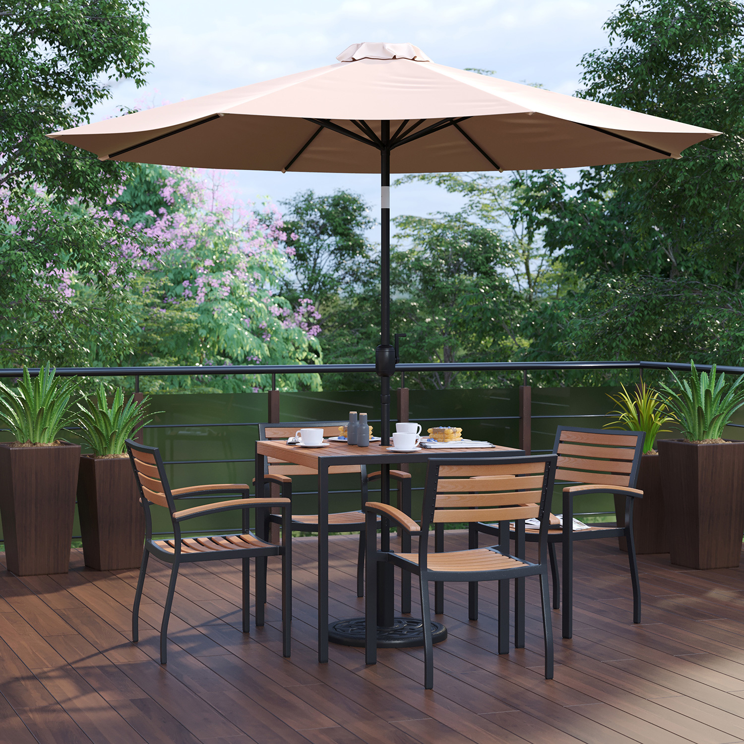 BLNK Lark Outdoor Patio Table Set with 4 Synthetic Teak Stackable Chairs, Square Table, Umbrella and Base