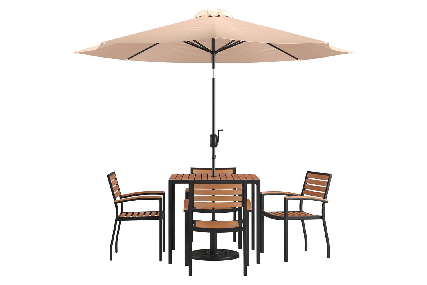 BLNK Lark Outdoor Patio Table Set with 4 Synthetic Teak Stackable Chairs, Square Table, Umbrella and Base - Tan