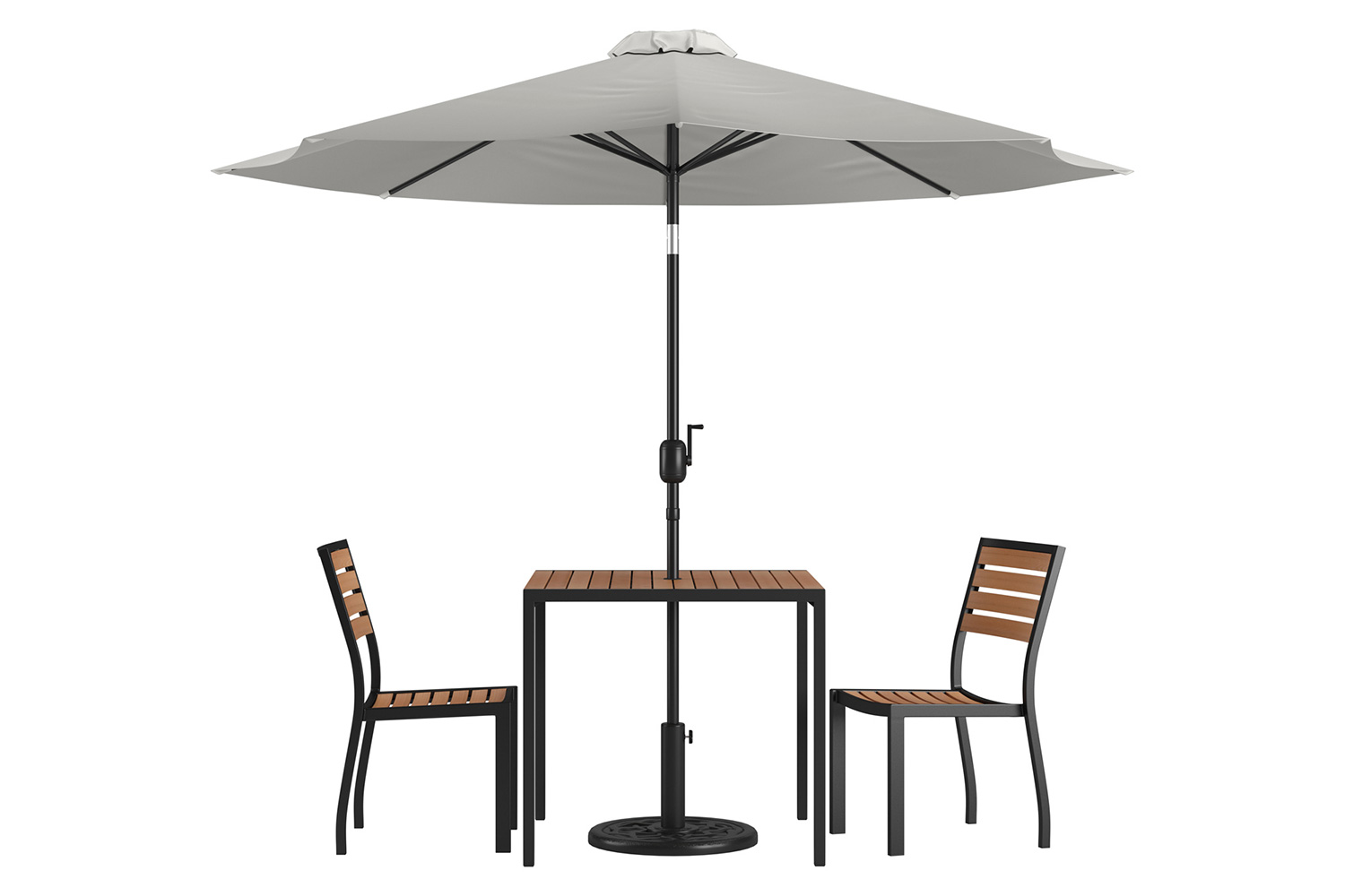 BLNK All-Weather Deck or Patio Set with 2 Stacking Faux Teak Chairs, 35" Square Faux Teak Table, Umbrella and Base - Gray