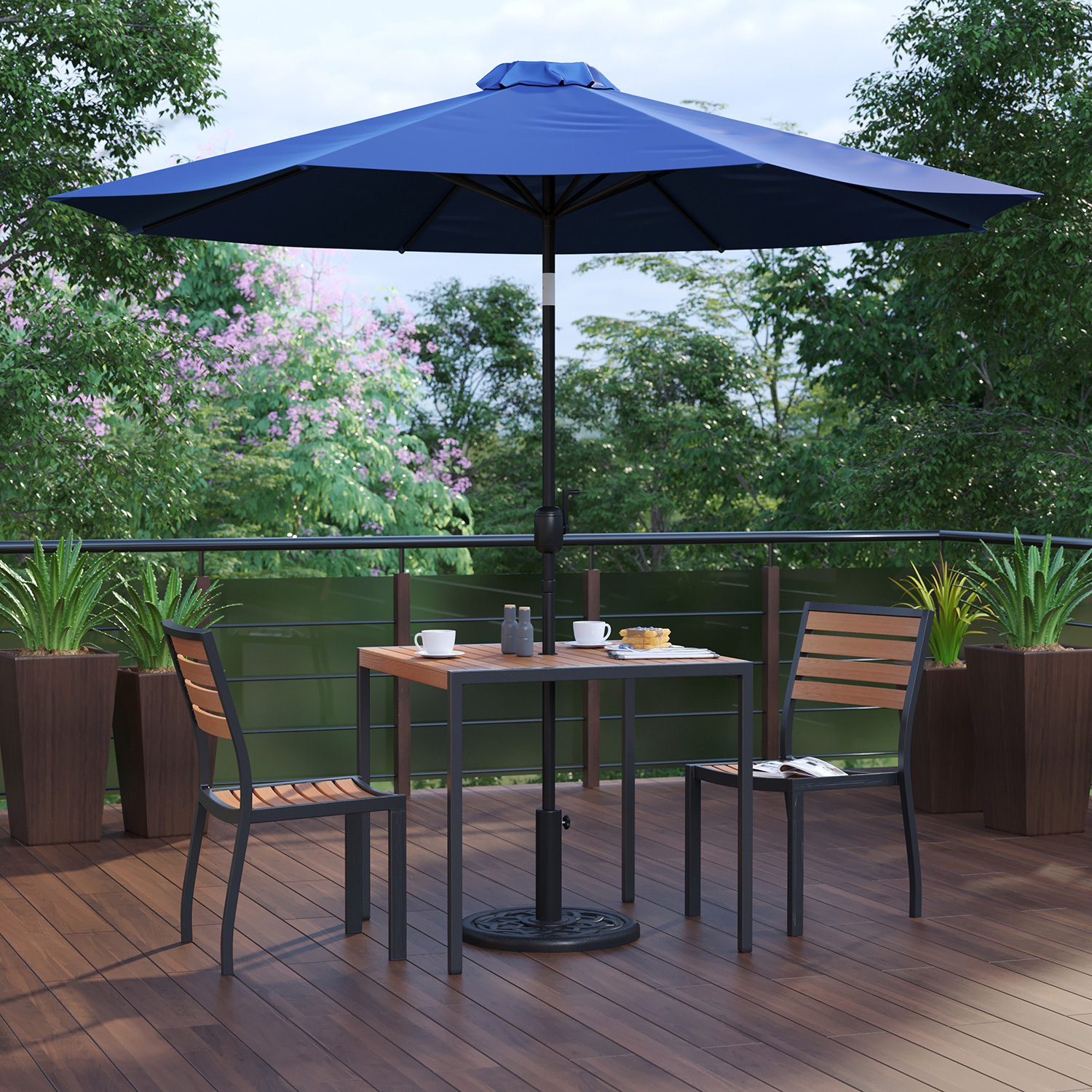 BLNK All-Weather Deck or Patio Set with 2 Stacking Faux Teak Chairs, 35" Square Faux Teak Table, Umbrella and Base