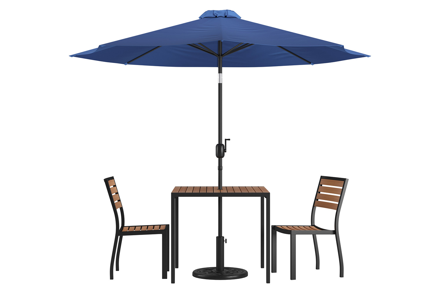 BLNK All-Weather Deck or Patio Set with 2 Stacking Faux Teak Chairs, 35" Square Faux Teak Table, Umbrella and Base - Navy