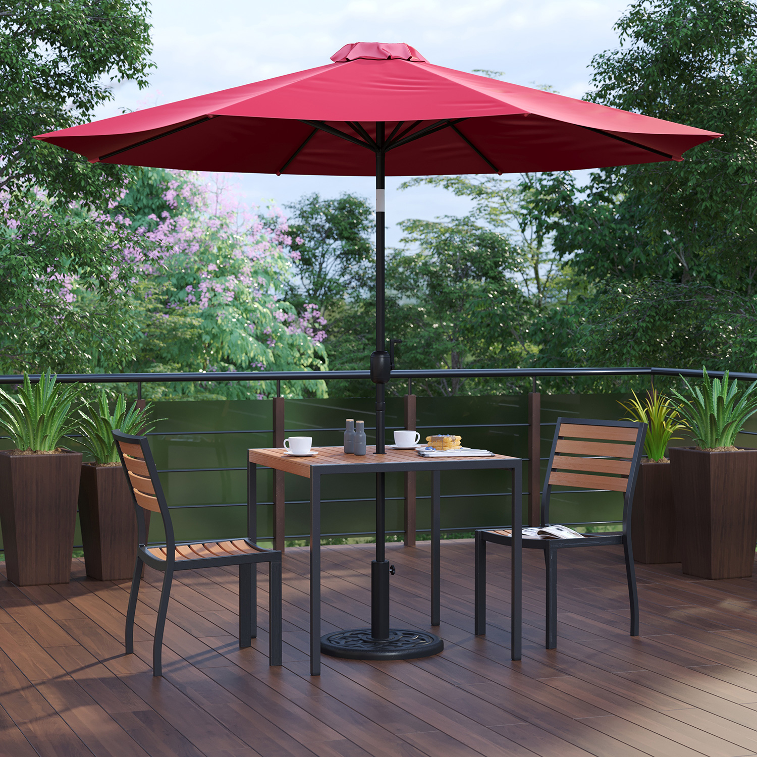 BLNK All-Weather Deck or Patio Set with 2 Stacking Faux Teak Chairs, 35" Square Faux Teak Table, Umbrella and Base