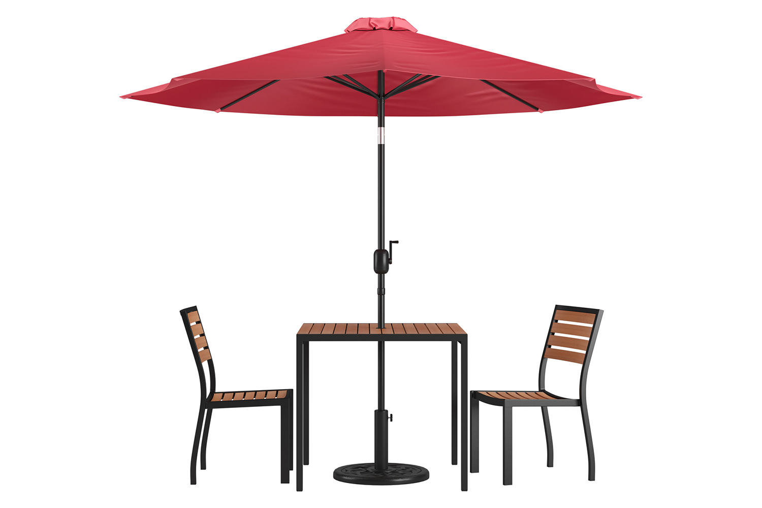 BLNK All-Weather Deck or Patio Set with 2 Stacking Faux Teak Chairs, 35" Square Faux Teak Table, Umbrella and Base - Red