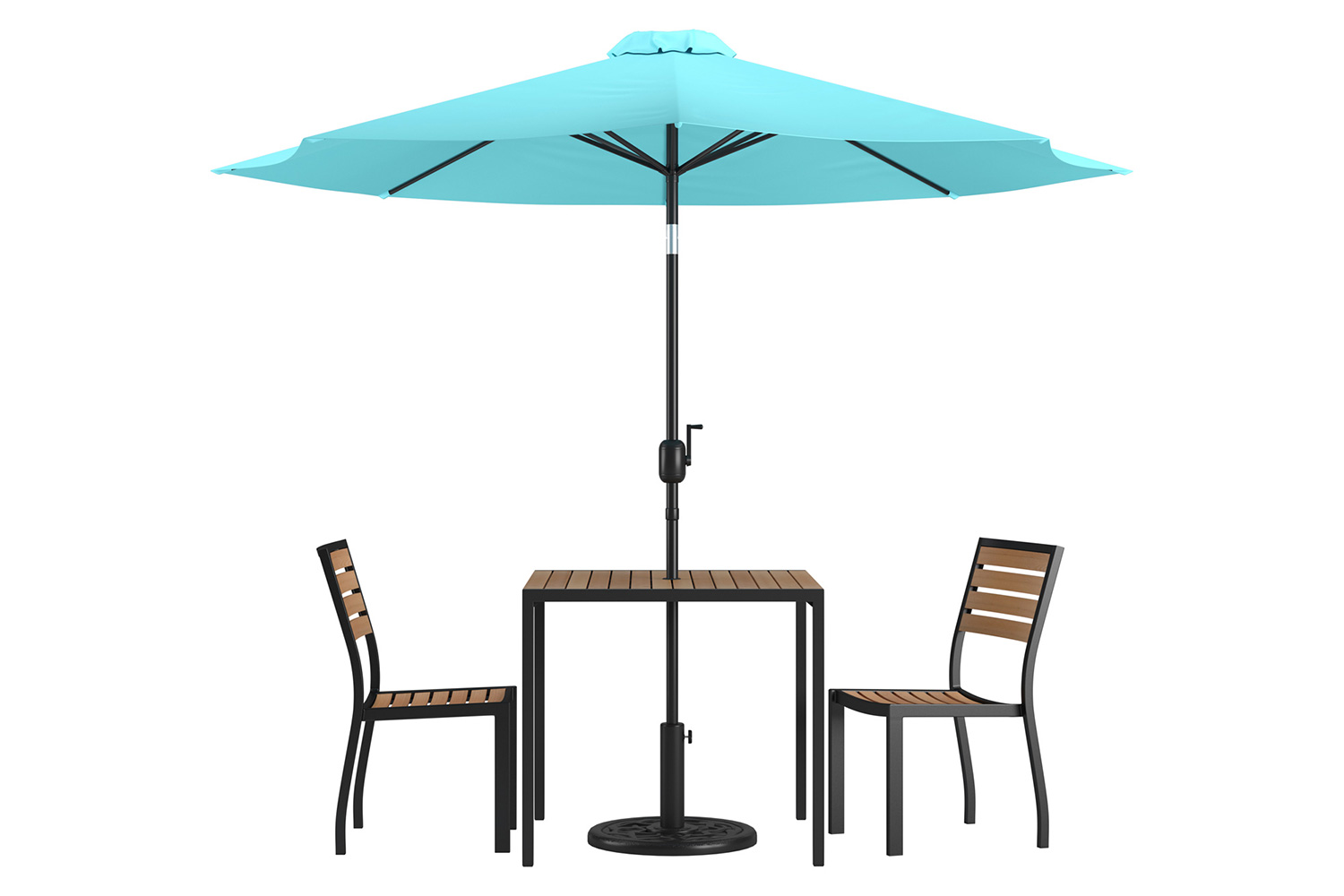 BLNK All-Weather Deck or Patio Set with 2 Stacking Faux Teak Chairs, 35" Square Faux Teak Table, Umbrella and Base