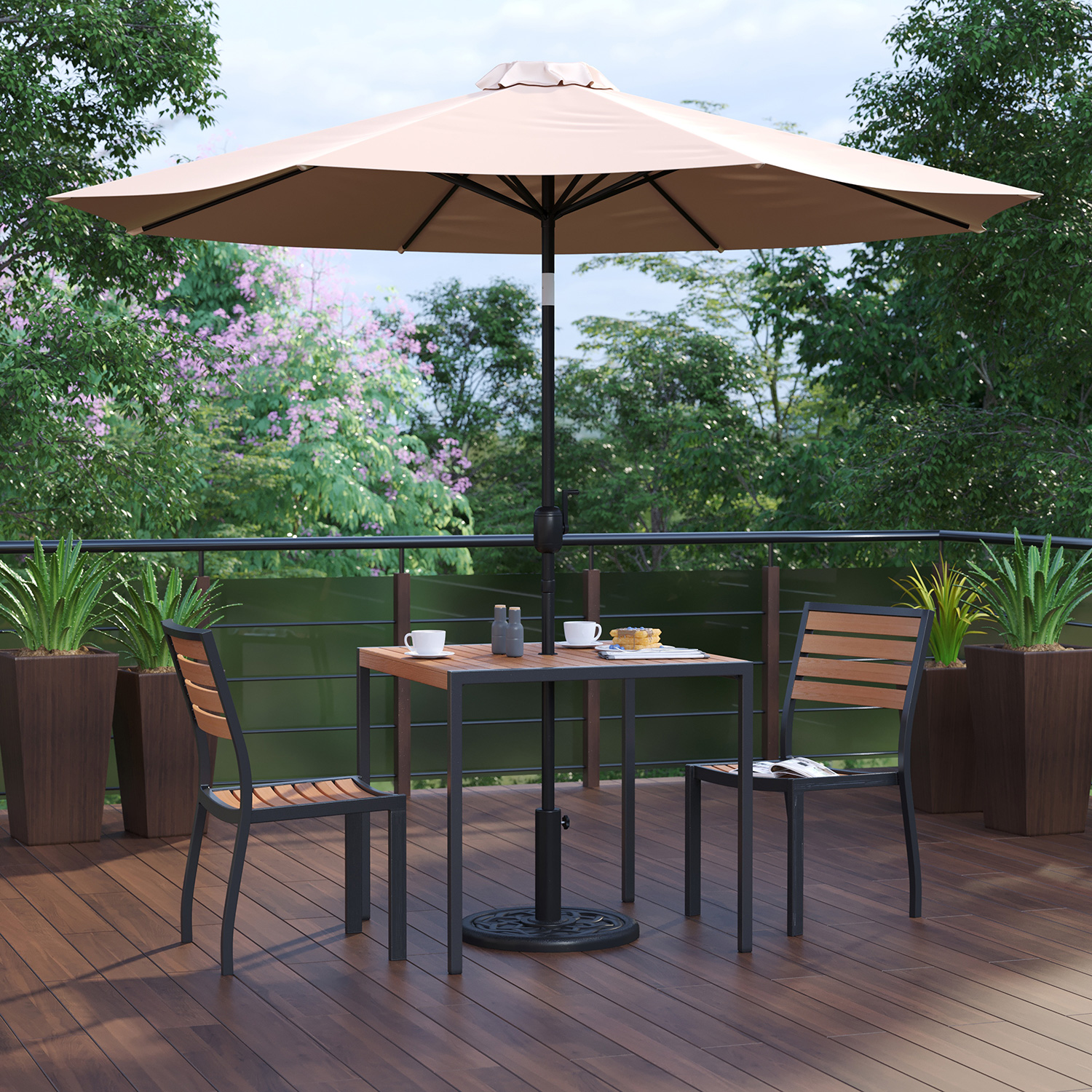 BLNK All-Weather Deck or Patio Set with 2 Stacking Faux Teak Chairs, 35" Square Faux Teak Table, Umbrella and Base