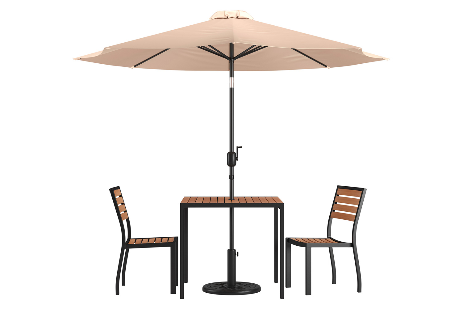 BLNK All-Weather Deck or Patio Set with 2 Stacking Faux Teak Chairs, 35" Square Faux Teak Table, Umbrella and Base - Tan