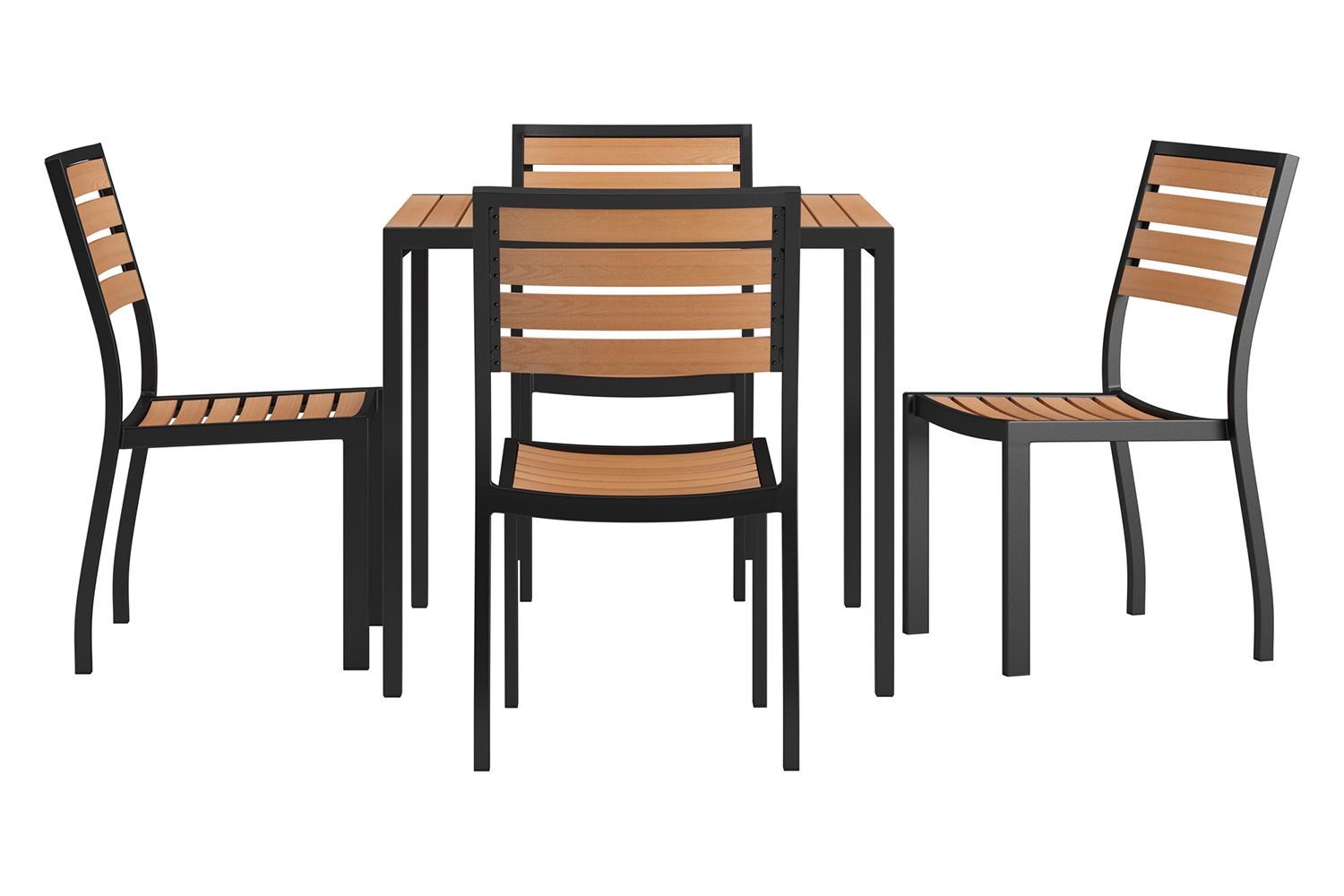 BLNK - Lark Patio Table Set with Synthetic Teak Poly Slats, 35" Square Steel Framed Table and 4 Stackable Faux Teak Chairs