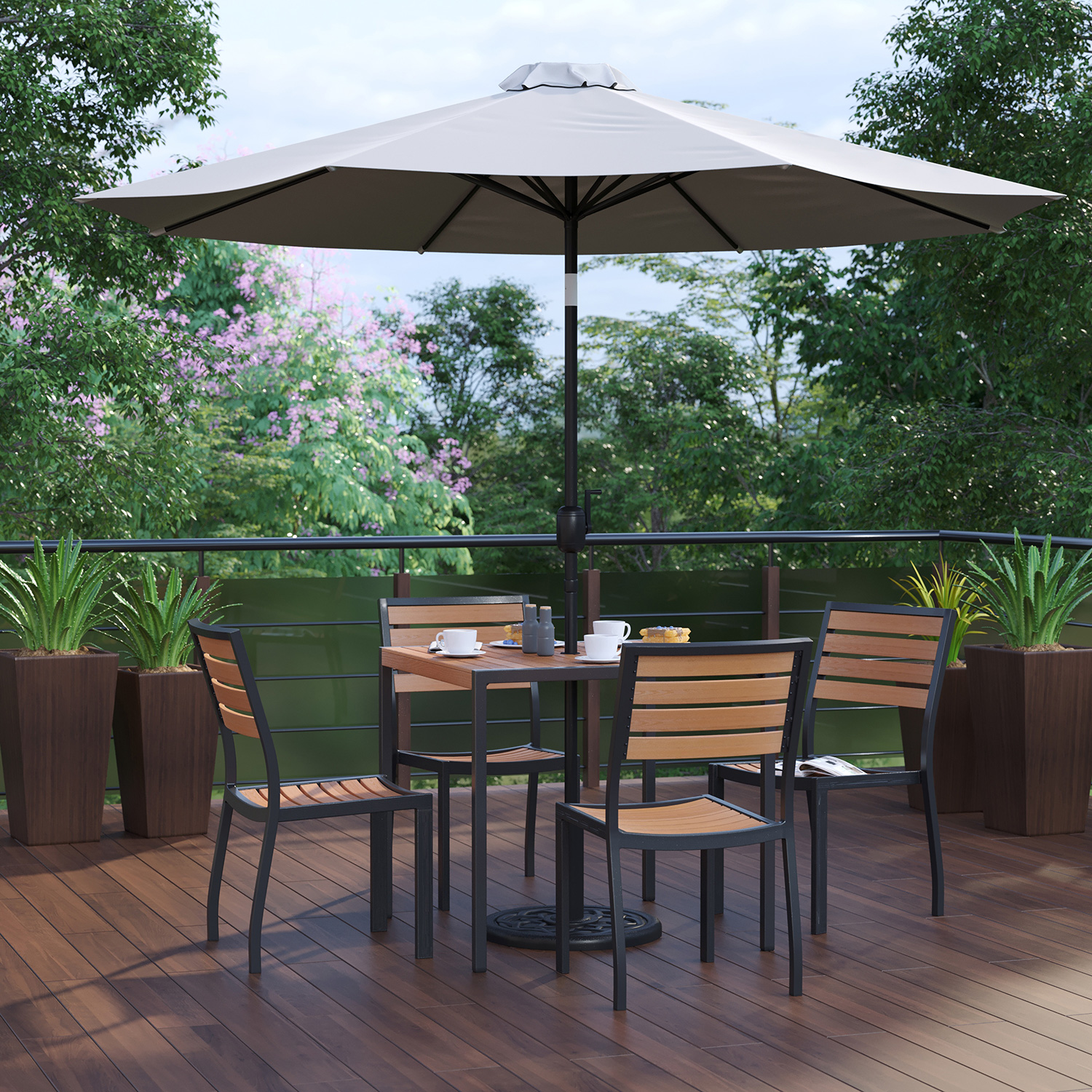 BLNK All-Weather Deck or Patio Set with 4 Stacking Faux Teak Chairs, 35" Square Faux Teak Table, Umbrella and Base