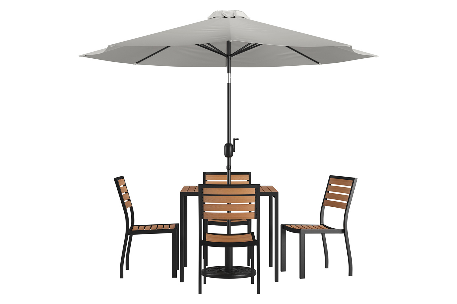 BLNK All-Weather Deck or Patio Set with 4 Stacking Faux Teak Chairs, 35" Square Faux Teak Table, Umbrella and Base - Gray