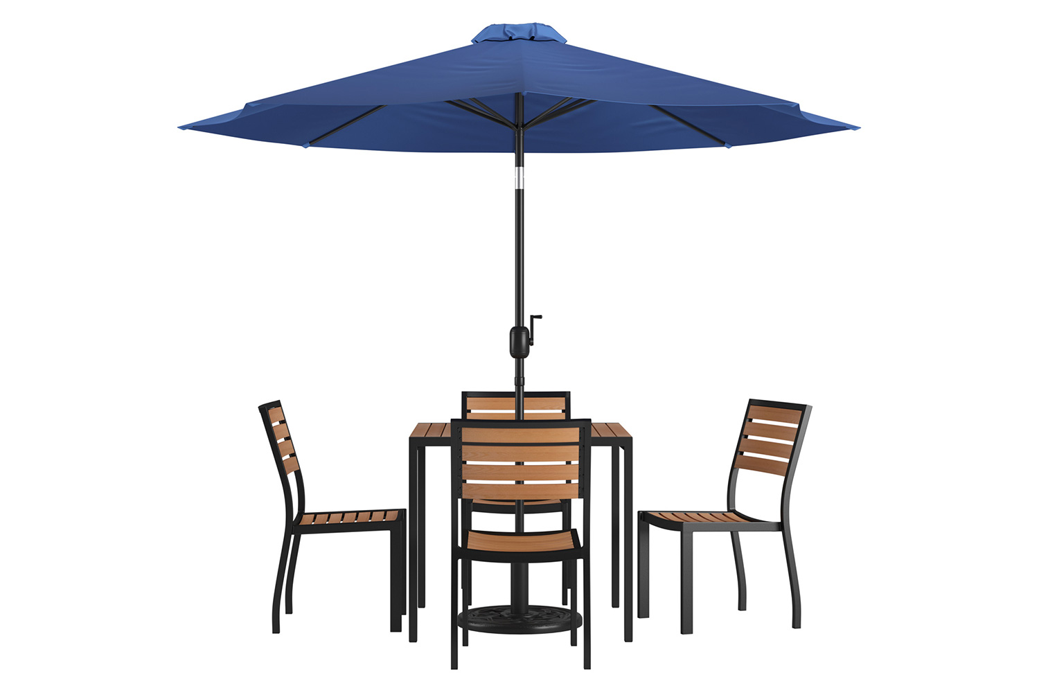 BLNK All-Weather Deck or Patio Set with 4 Stacking Faux Teak Chairs, 35" Square Faux Teak Table, Umbrella and Base - Navy