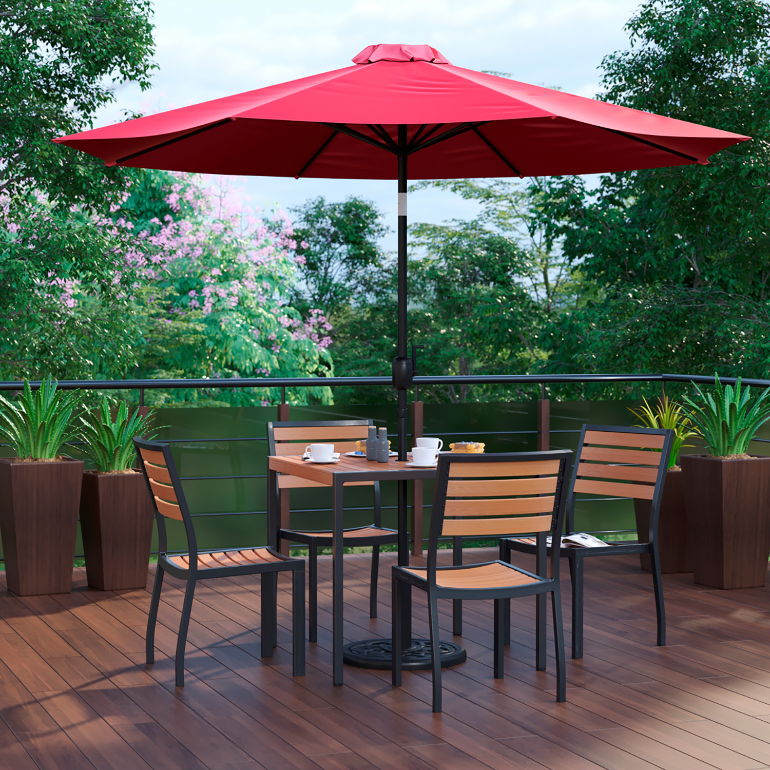 BLNK All-Weather Deck or Patio Set with 4 Stacking Faux Teak Chairs, 35" Square Faux Teak Table, Umbrella and Base