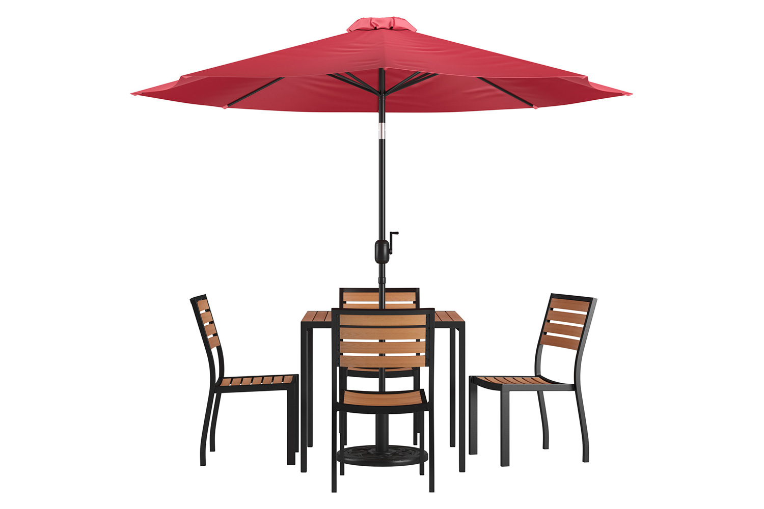 BLNK All-Weather Deck or Patio Set with 4 Stacking Faux Teak Chairs, 35" Square Faux Teak Table, Umbrella and Base - Red