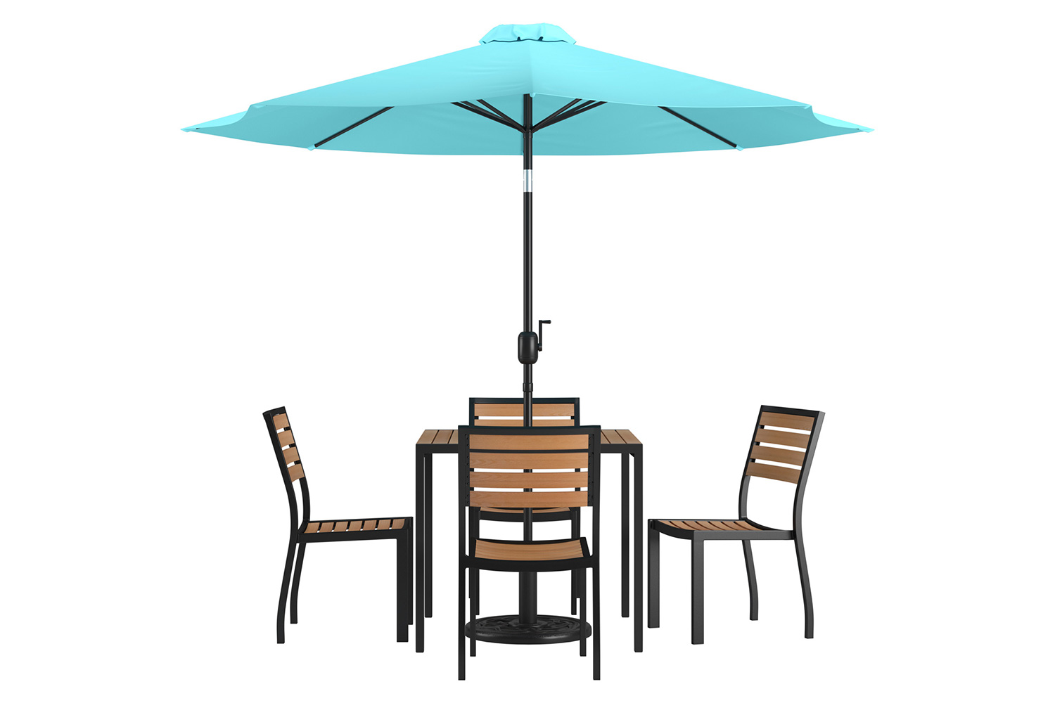 BLNK All-Weather Deck or Patio Set with 4 Stacking Faux Teak Chairs, 35" Square Faux Teak Table, Umbrella and Base - Teal