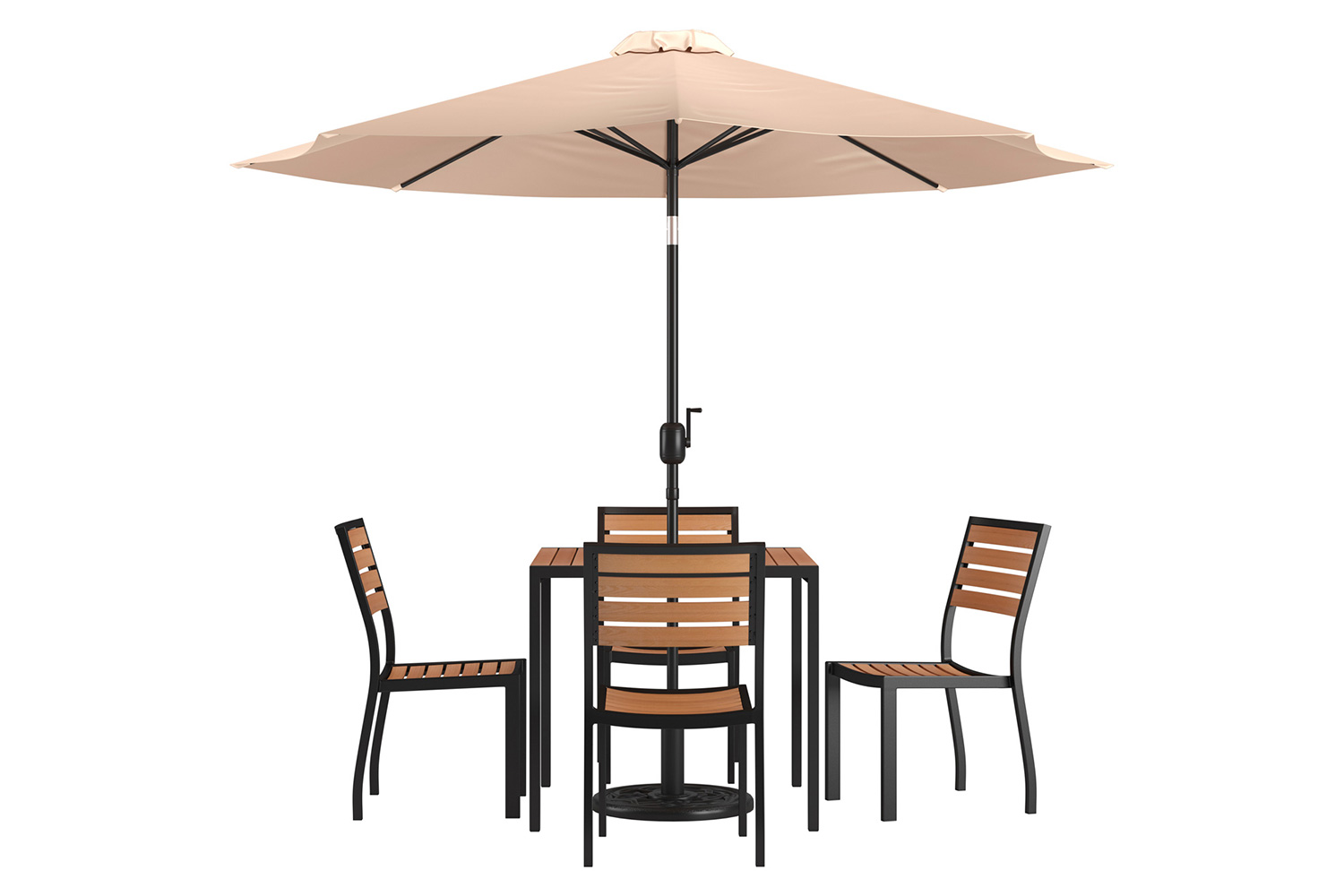 BLNK All-Weather Deck or Patio Set with 4 Stacking Faux Teak Chairs, 35" Square Faux Teak Table, Umbrella and Base