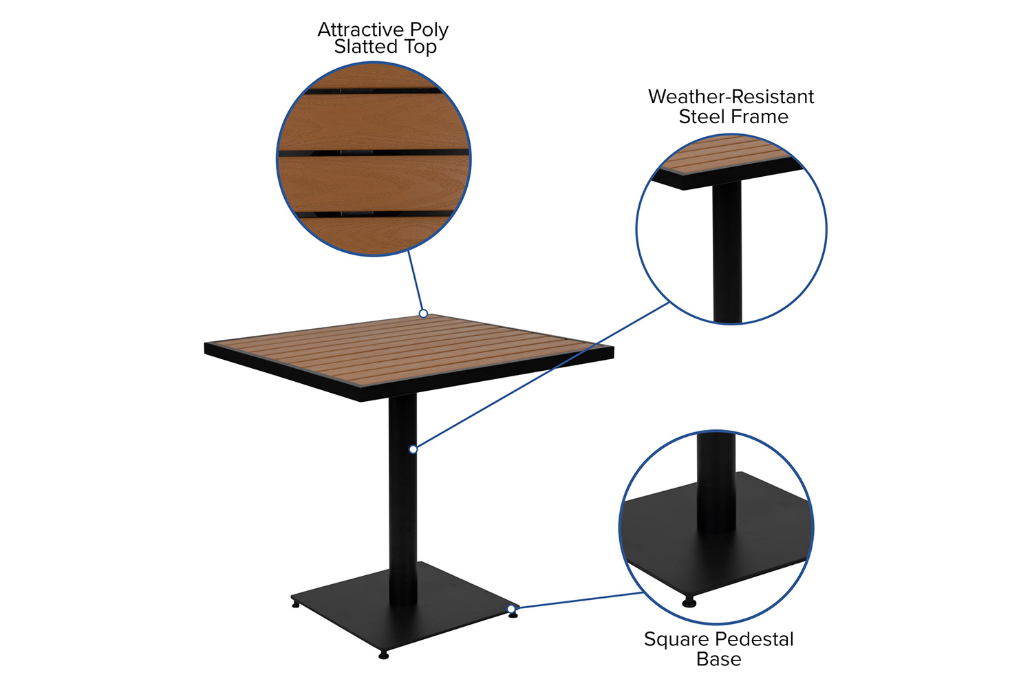 BLNK - Square Outdoor Patio Bistro Dining Table with Faux Teak Poly Slats