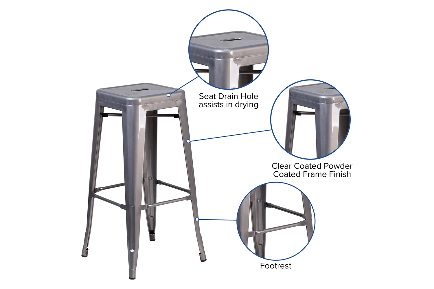 BLNK - Lincoln Clear Coated Metal Backless Indoor Bar Stool with Square Seat