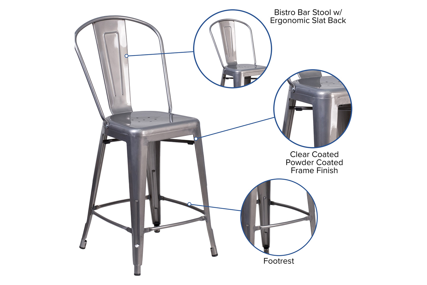 BLNK - Lincoln Clear Coated Indoor Counter Height Stool with Back