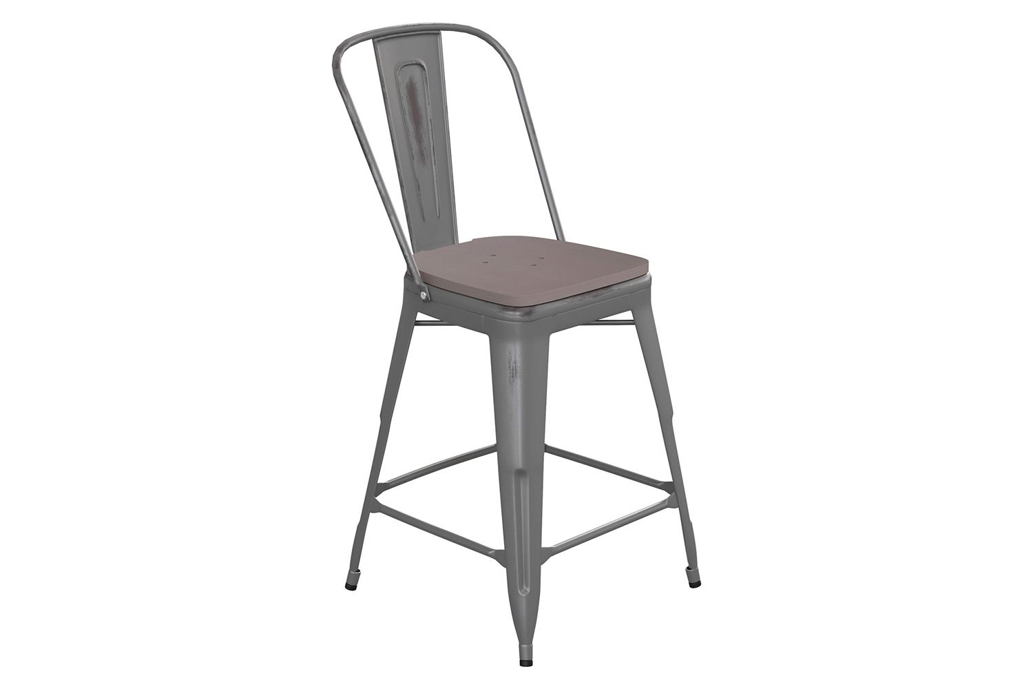 BLNK Lincoln Clear Coated Indoor Counter Height Stool with Back and Poly Resin Wood Seat - Gray