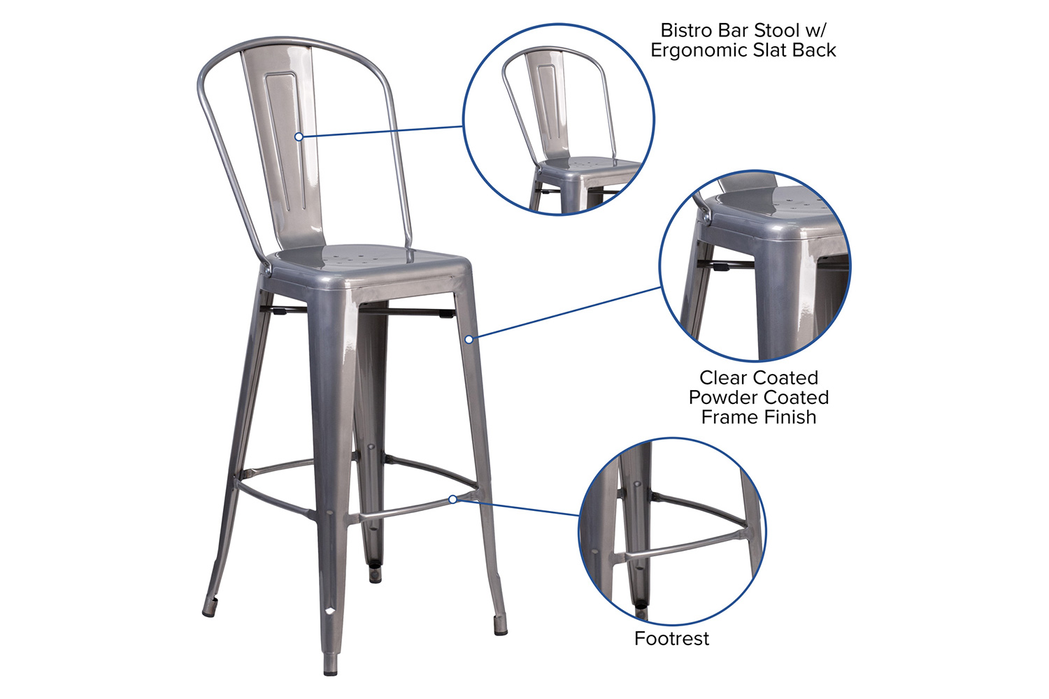 BLNK - Lincoln Clear Coated Metal Indoor Bar Stool with Back