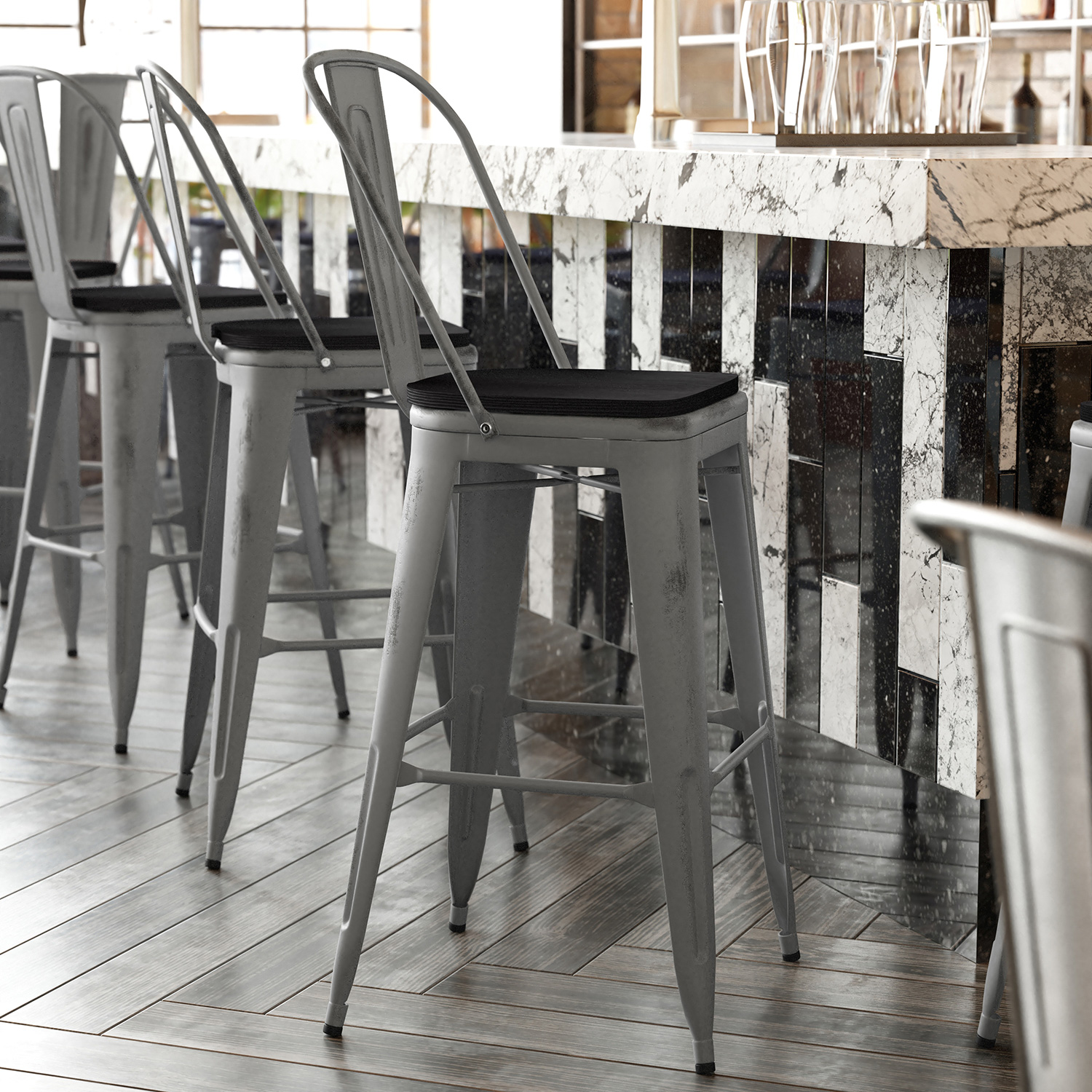 BLNK Lincoln Clear Coated Metal Clear Coated Indoor Bar Stool with Back and Poly Resin Wood Seat