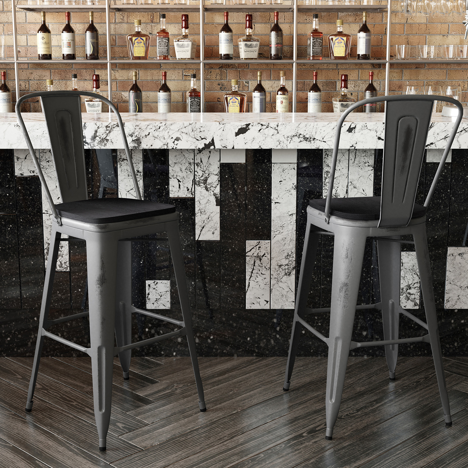 BLNK Lincoln Clear Coated Metal Clear Coated Indoor Bar Stool with Back and Poly Resin Wood Seat - Black