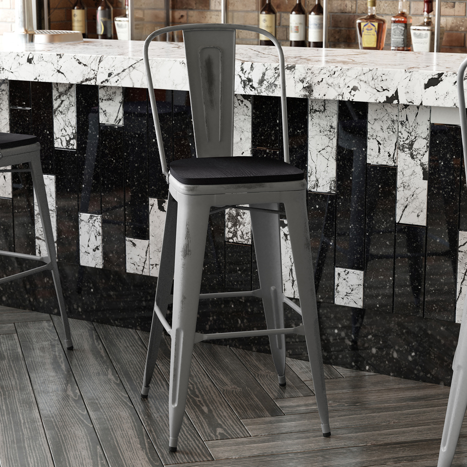 BLNK Lincoln Clear Coated Metal Clear Coated Indoor Bar Stool with Back and Poly Resin Wood Seat - Black