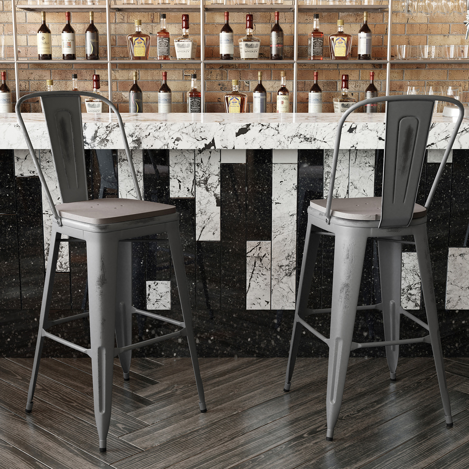 BLNK Lincoln Clear Coated Metal Clear Coated Indoor Bar Stool with Back and Poly Resin Wood Seat