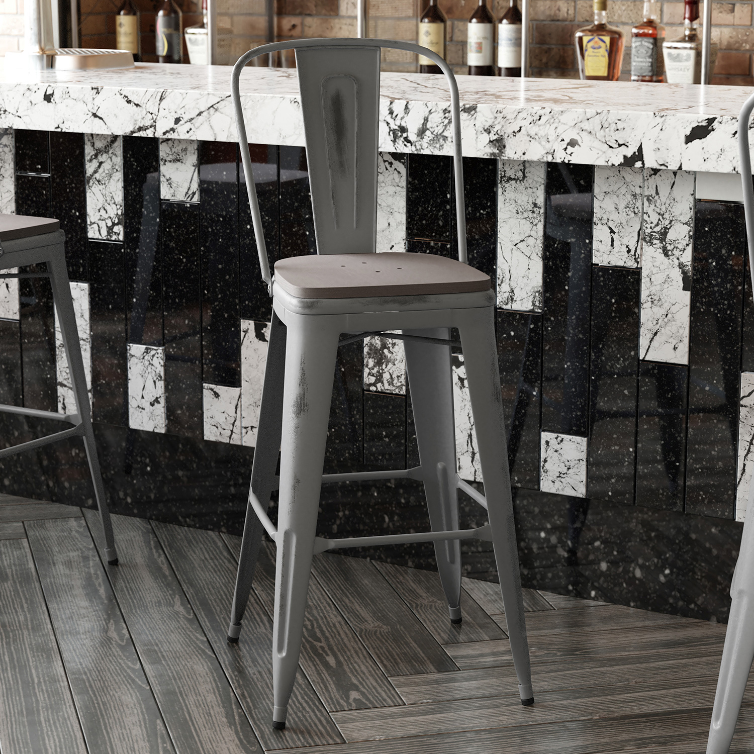 BLNK Lincoln Clear Coated Metal Clear Coated Indoor Bar Stool with Back and Poly Resin Wood Seat - Gray