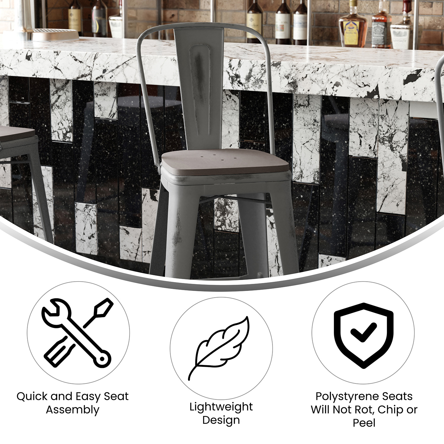 BLNK Lincoln Clear Coated Metal Clear Coated Indoor Bar Stool with Back and Poly Resin Wood Seat - Gray