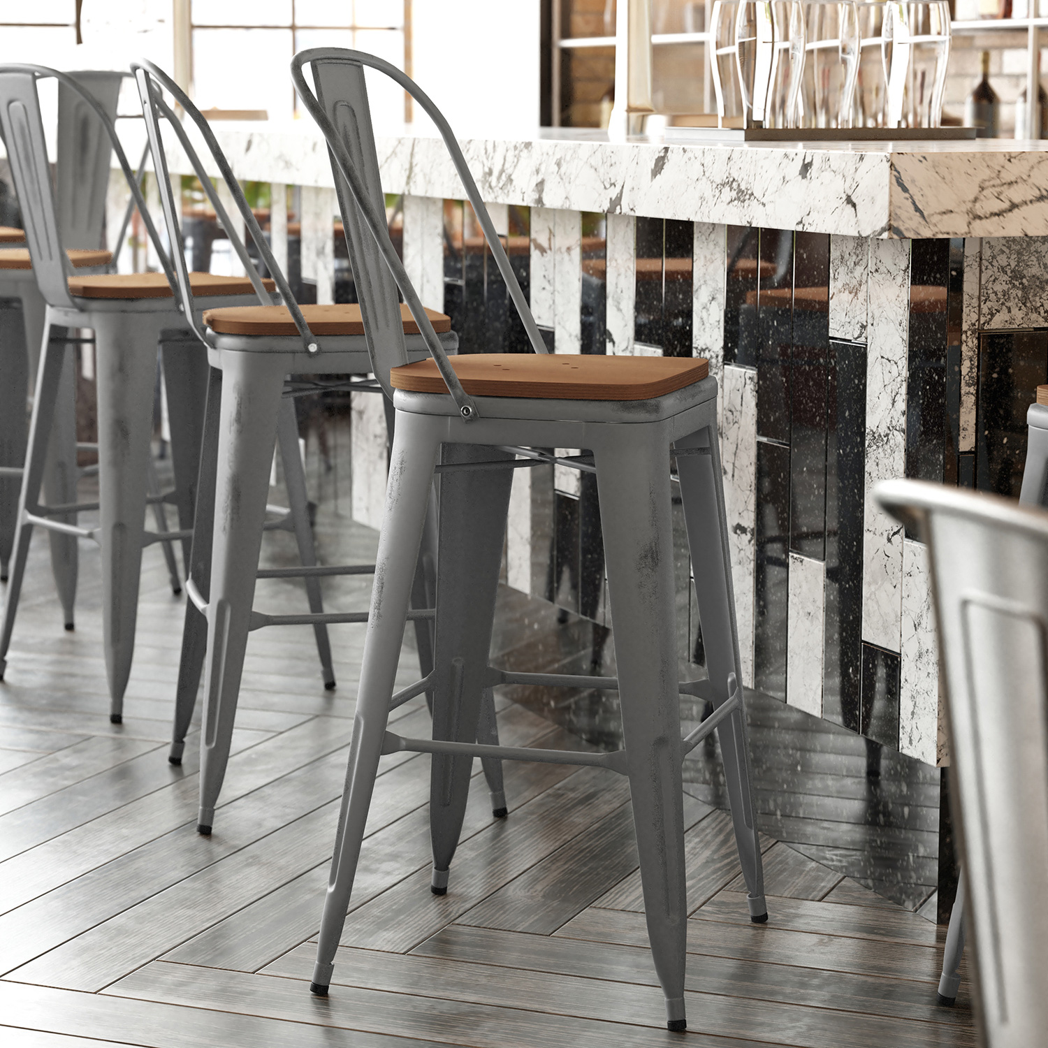 BLNK Lincoln Clear Coated Metal Clear Coated Indoor Bar Stool with Back and Poly Resin Wood Seat