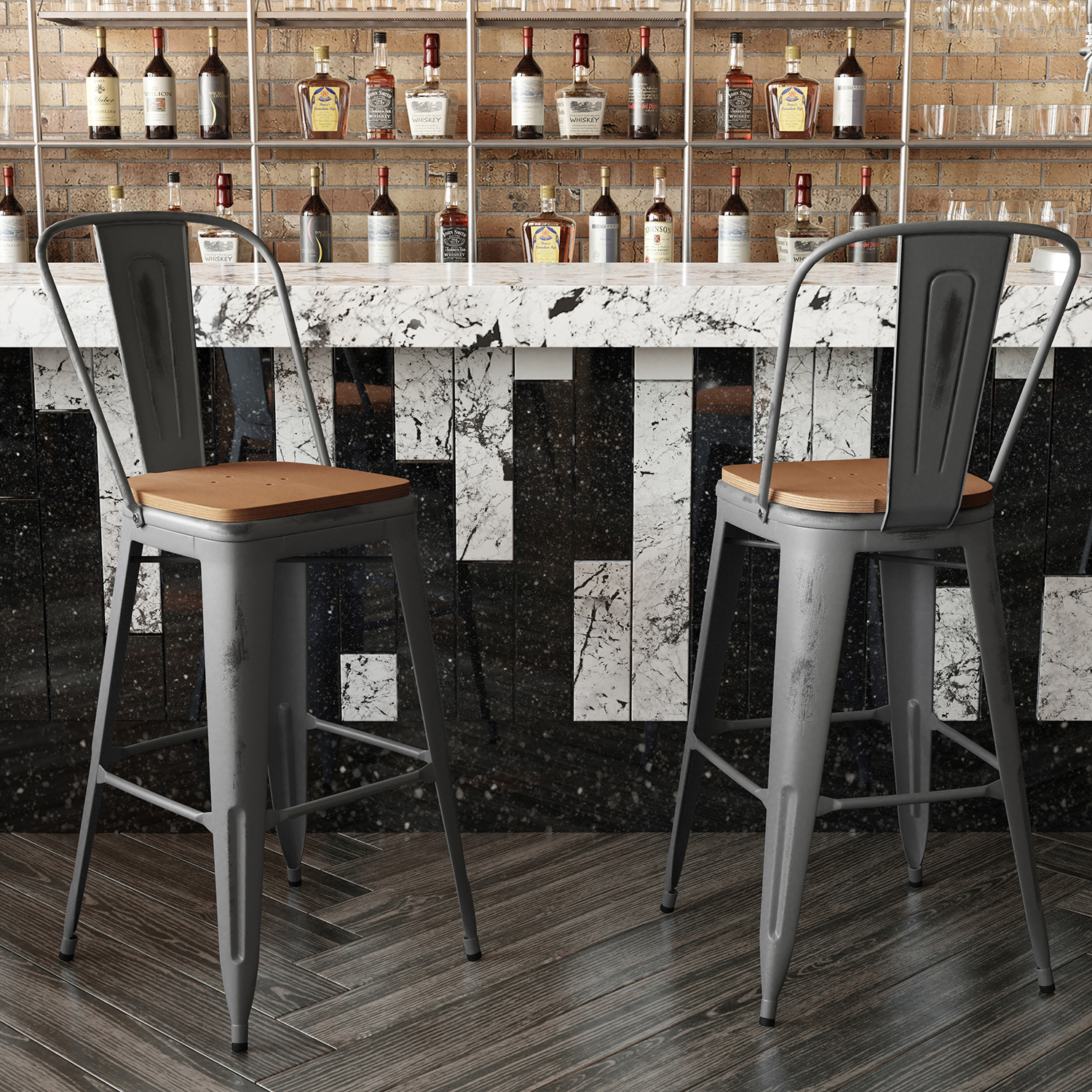 BLNK Lincoln Clear Coated Metal Clear Coated Indoor Bar Stool with Back and Poly Resin Wood Seat - Teak