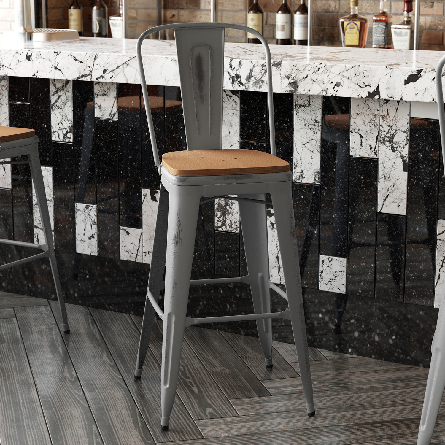 BLNK Lincoln Clear Coated Metal Clear Coated Indoor Bar Stool with Back and Poly Resin Wood Seat - Teak