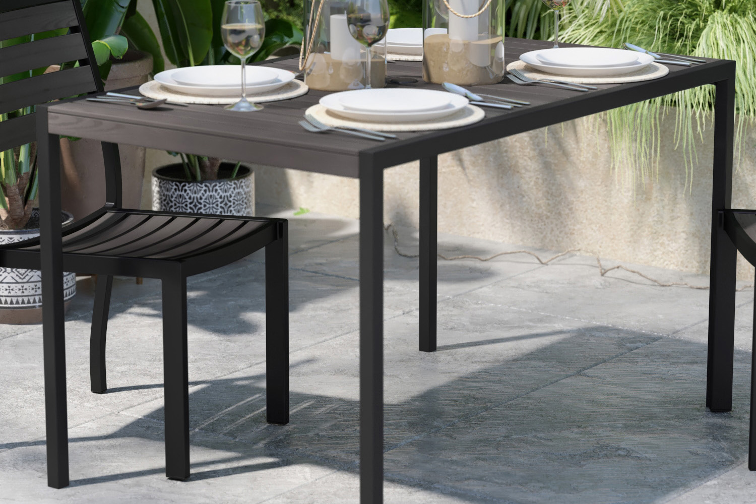 BLNK Rectangular Outdoor Steel Framed Dining Table with Synthetic Poly Slats and Umbrella Hole