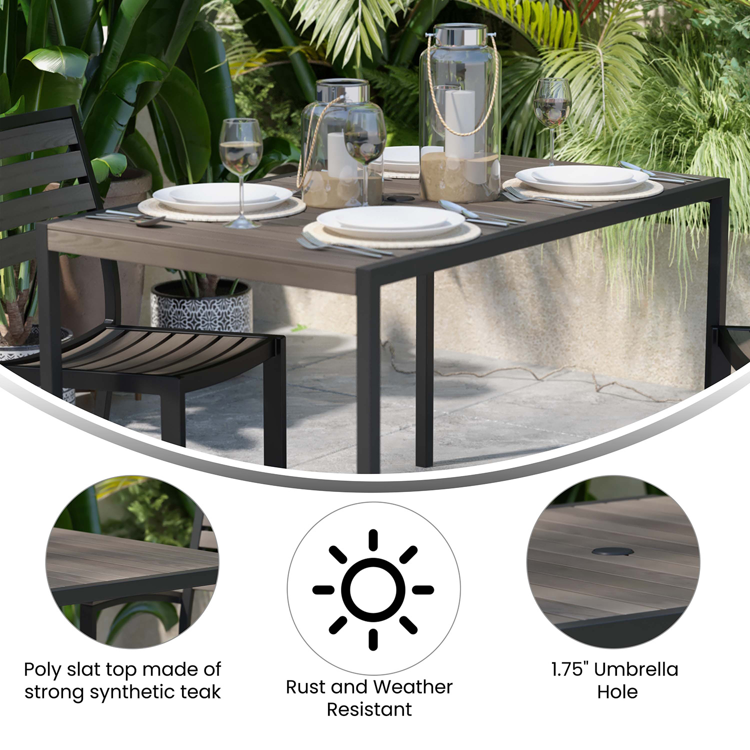 BLNK Rectangular Outdoor Steel Framed Dining Table with Synthetic Poly Slats and Umbrella Hole - Gray Wash Teak